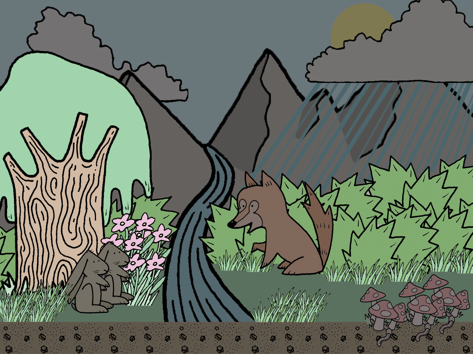 Cartoon representation of a forest with plants and animals, highlighting an analogy between plants (trees and flowers) and writing program curricula.