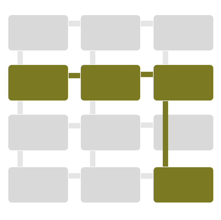 Functioning as a reading pathway map, a three by four grid presents tiles representing each of the twelve chapters collected in the volume. Tiles four, five, six, and twelve are color-coded to indicate the four chapters discussed in the response to this pathway.